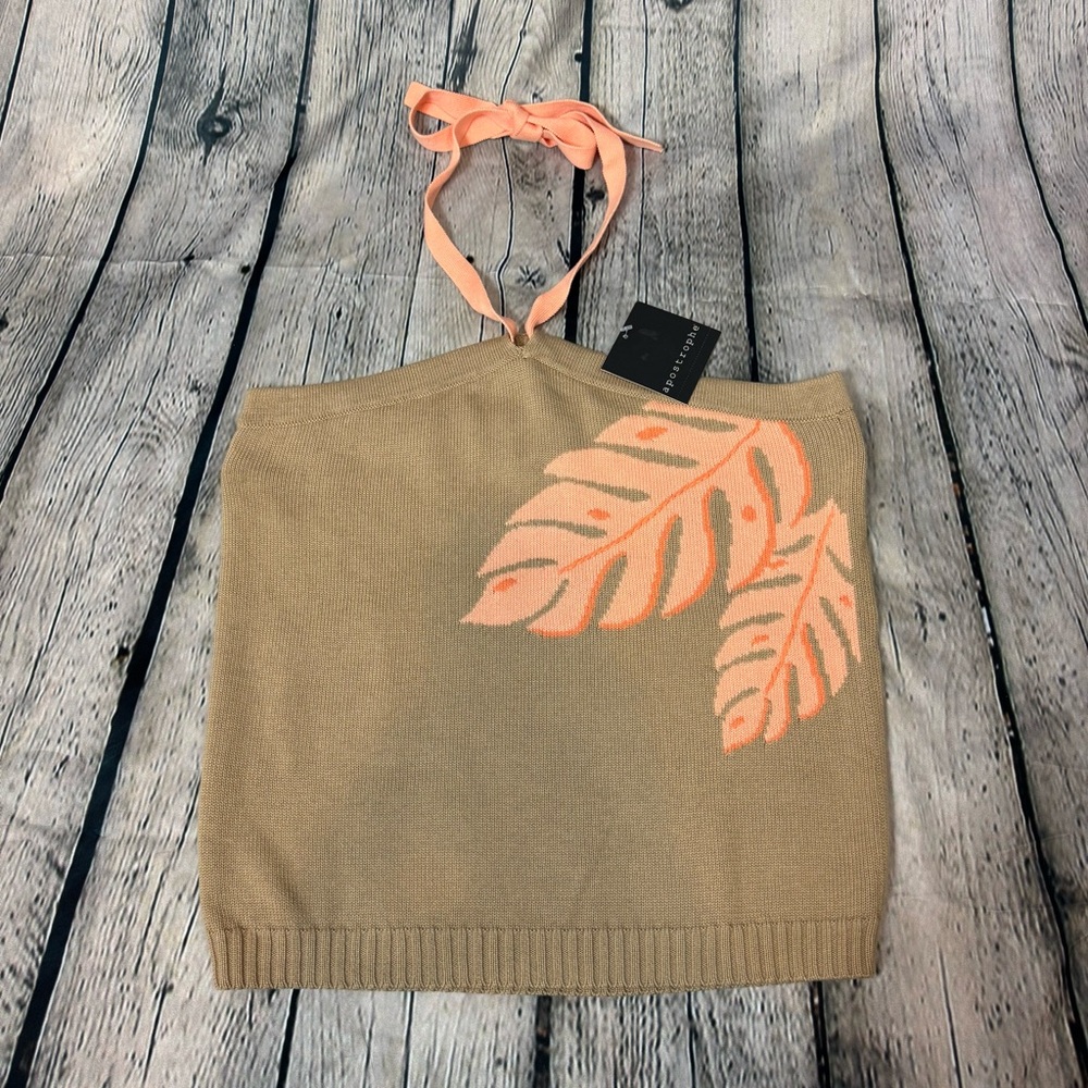 apostrophe Vtg Y2K NWT Tan Knit Halter Top Peach Tropical Leaf Size Medium 10/12